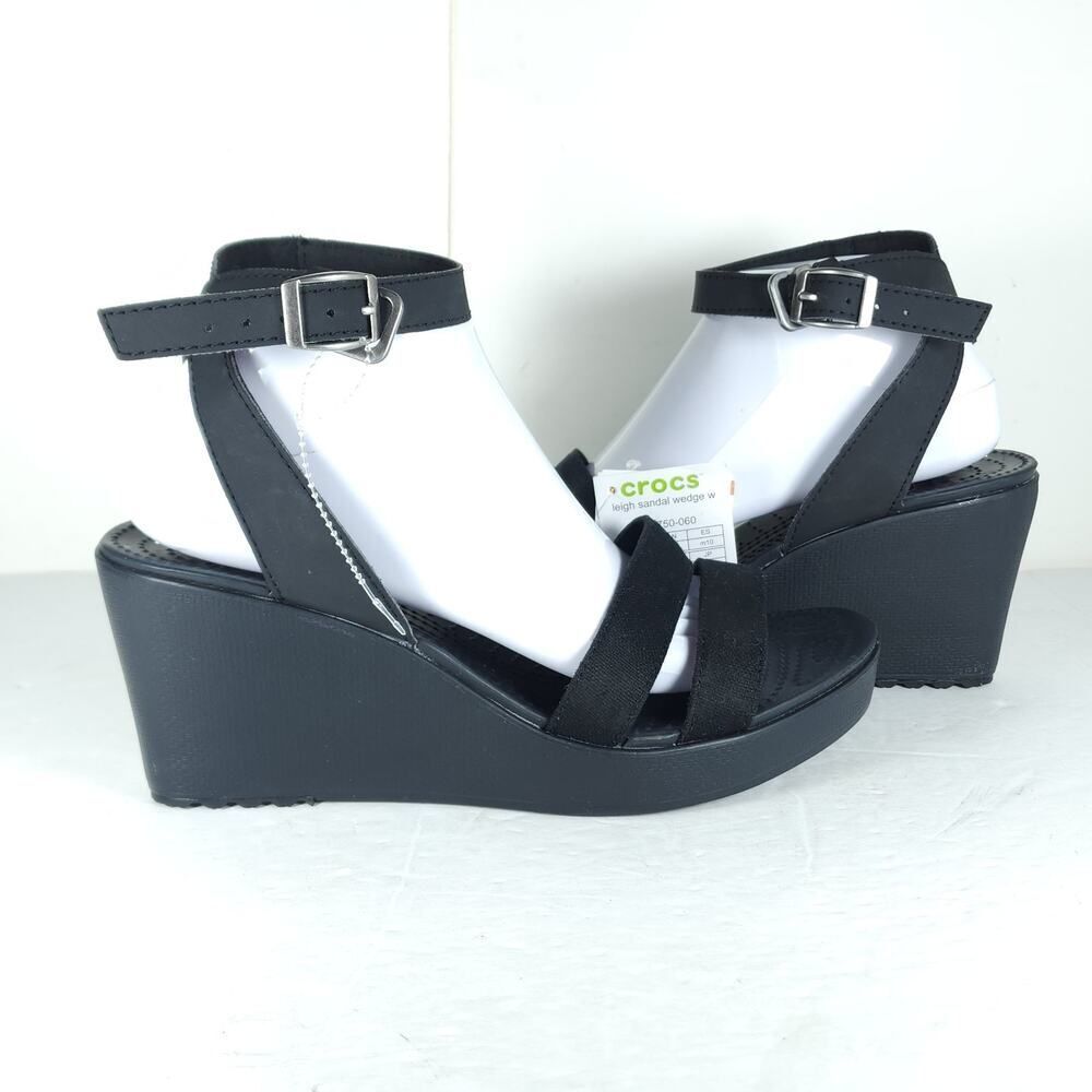 Crocs Women's Leigh II US 10 Black Canvas Ankle Strap Wedge Comfort Sandals NWT - Picture 8 of 16